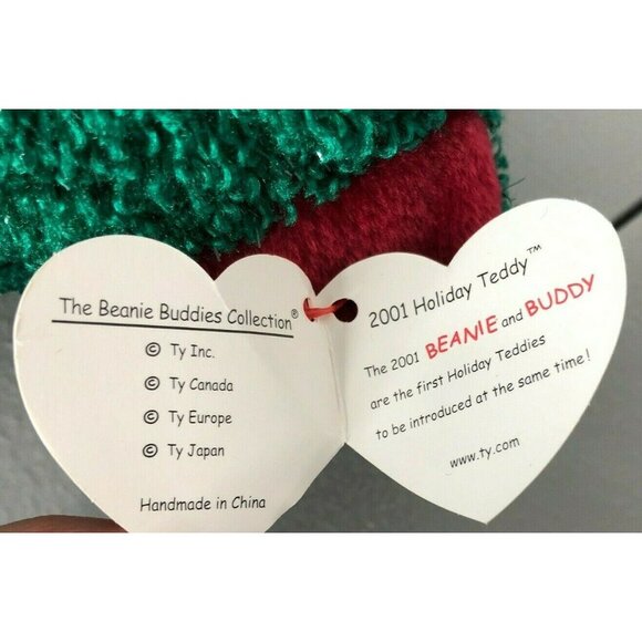 TY Beanie Buddies 2001 Holiday Teddy Bear Green w Shimmer & Maroon Tag Retired - Picture 6 of 9